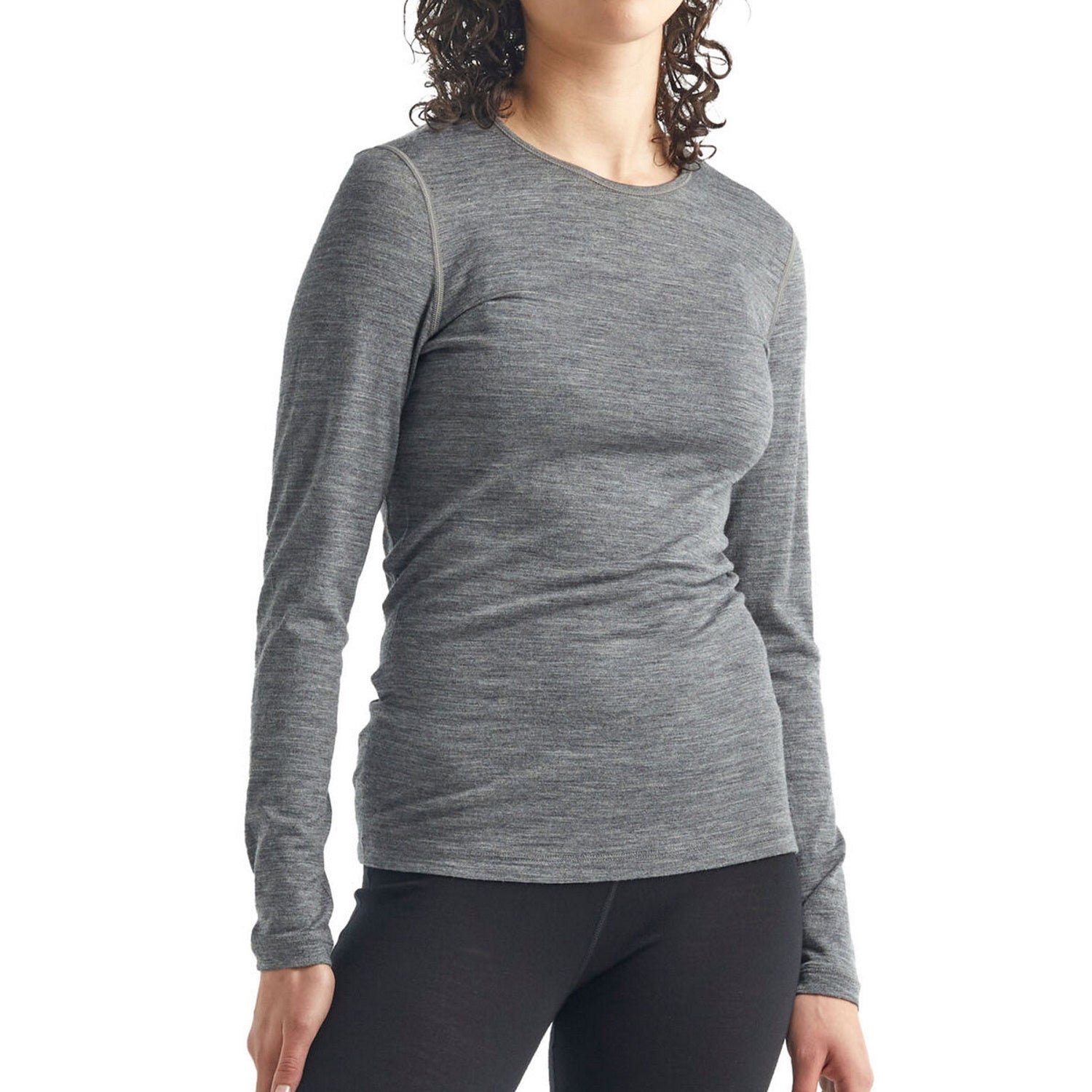 Woman modelling Gritstone Heather Grey Icebreaker Merino Long Sleeve Crew Top