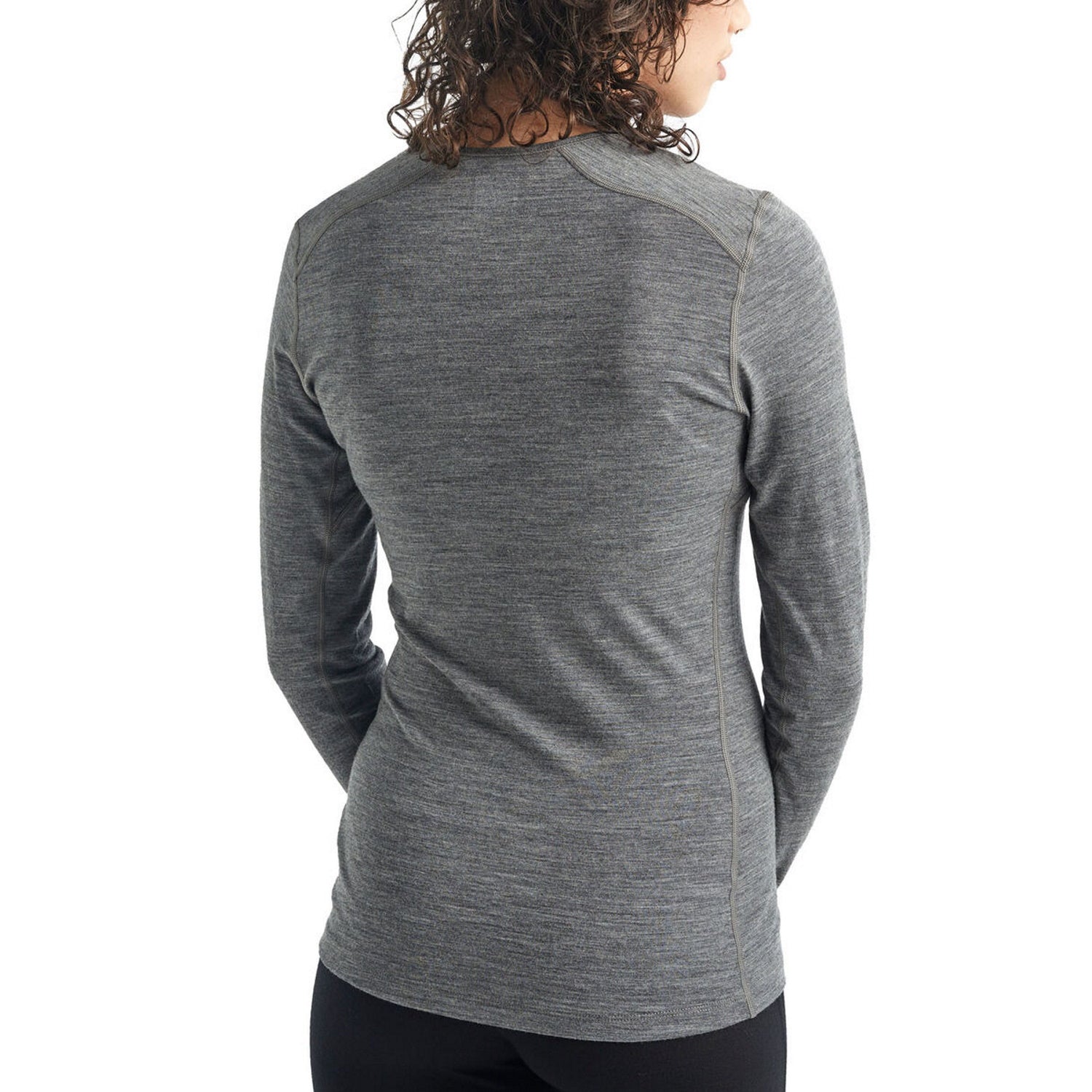 Back of woman wearing Gritstone Heather Icebreaker 200 Oasis Long Sleeve Crewe Top