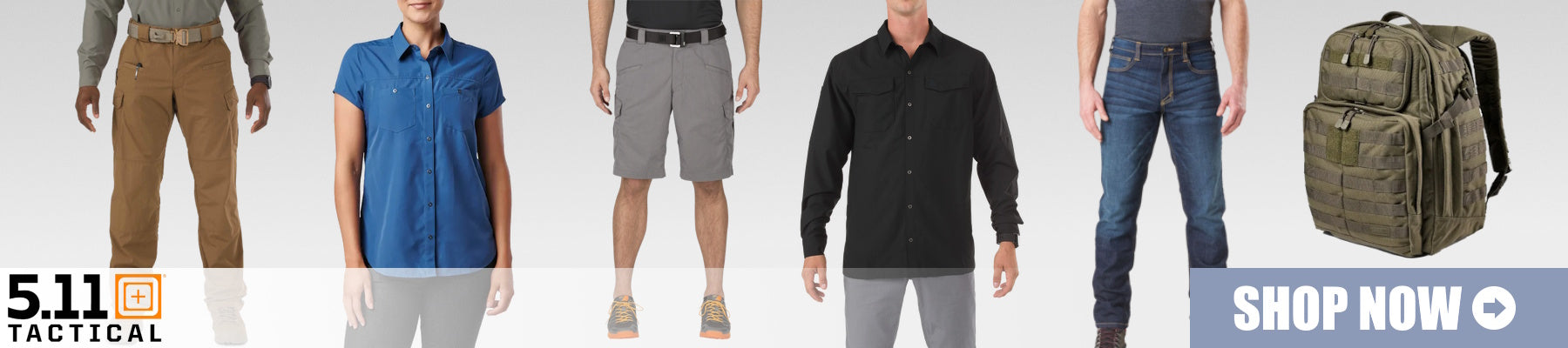 5.11 banner, featuring: 5.11 backpack, model wearing Brown pants, model wearing Grey shorts, model wearing jeans and a female model wearing a Blue shirt.