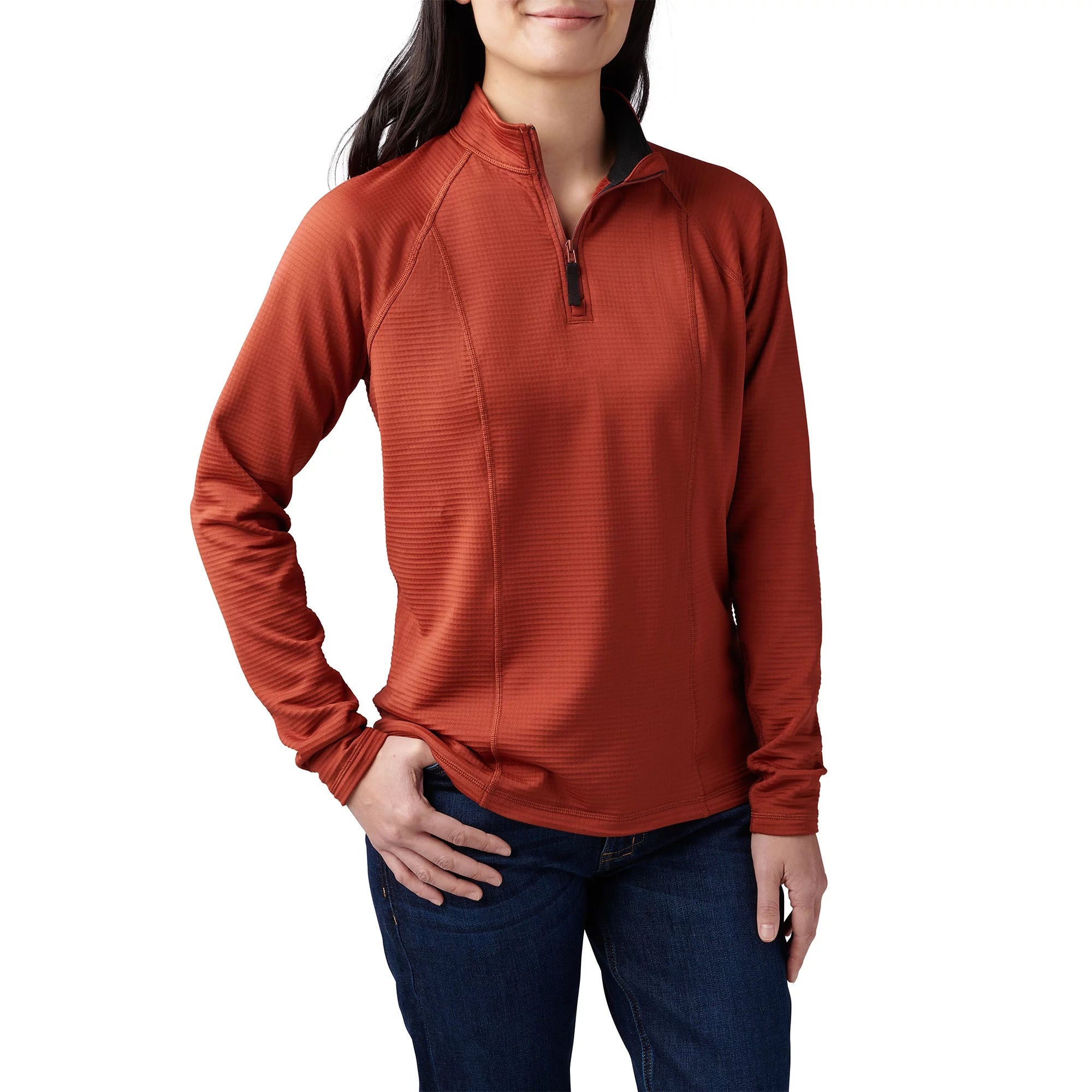 Front view of 5.11 Women's Stratos 1/4 Zip in Oxblood