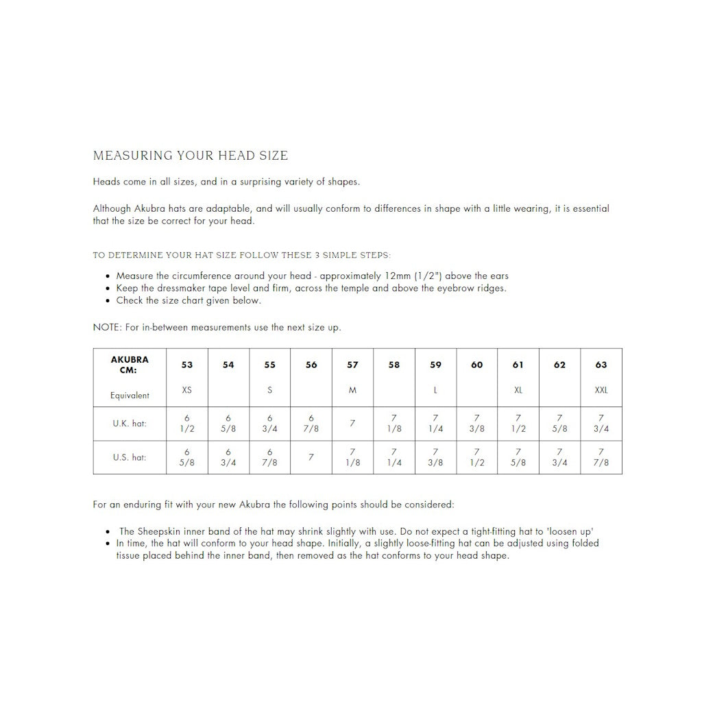 Akubra sizing guide