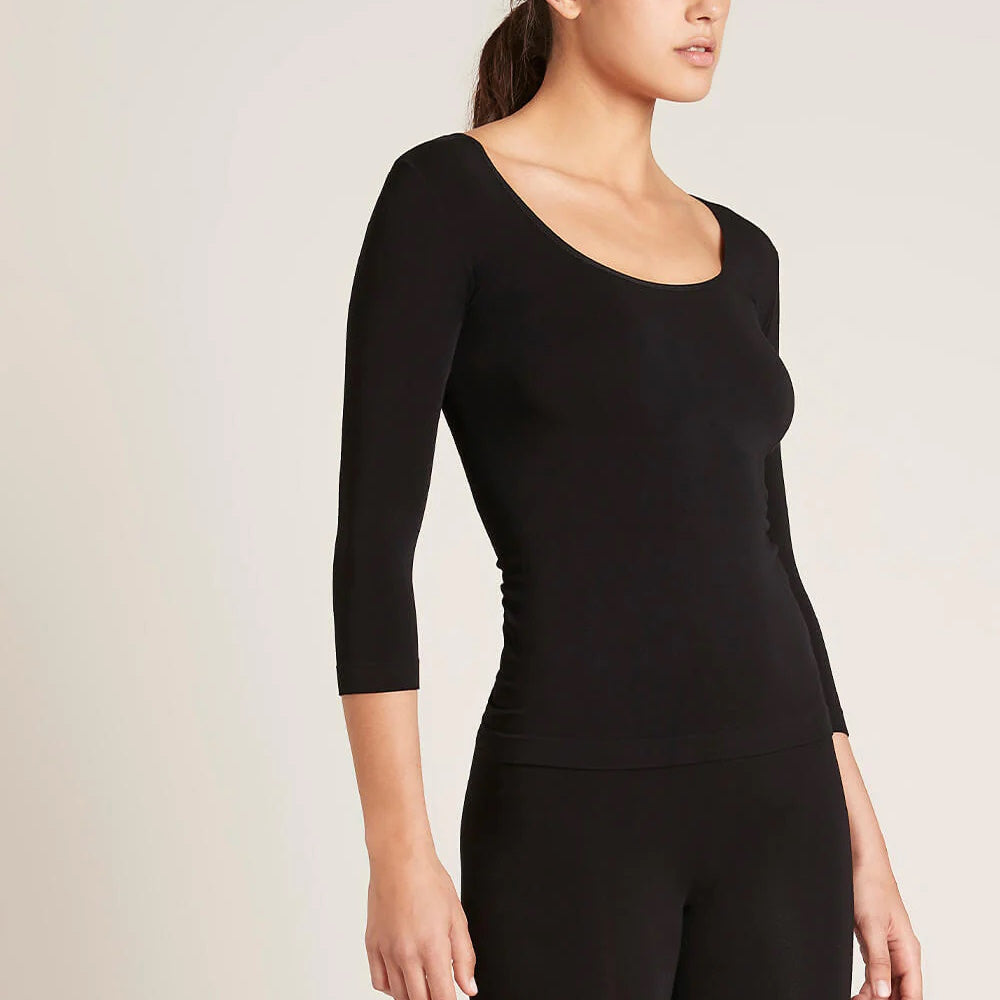 Front of Boody Womens 3/4 Sleeve Scoop Top in Black