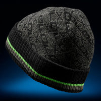 A black and gray FXD CP-11 Jacquard Beanie with a green stripe detail on the cuff