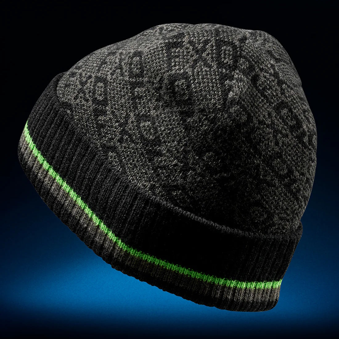 A black and gray FXD CP-11 Jacquard Beanie with a green stripe detail on the cuff