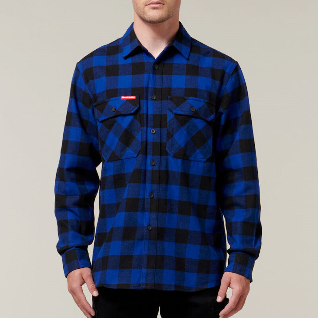 Front view of Hard Yakka Long Sleeve Check Flannelette Shirt in Blue