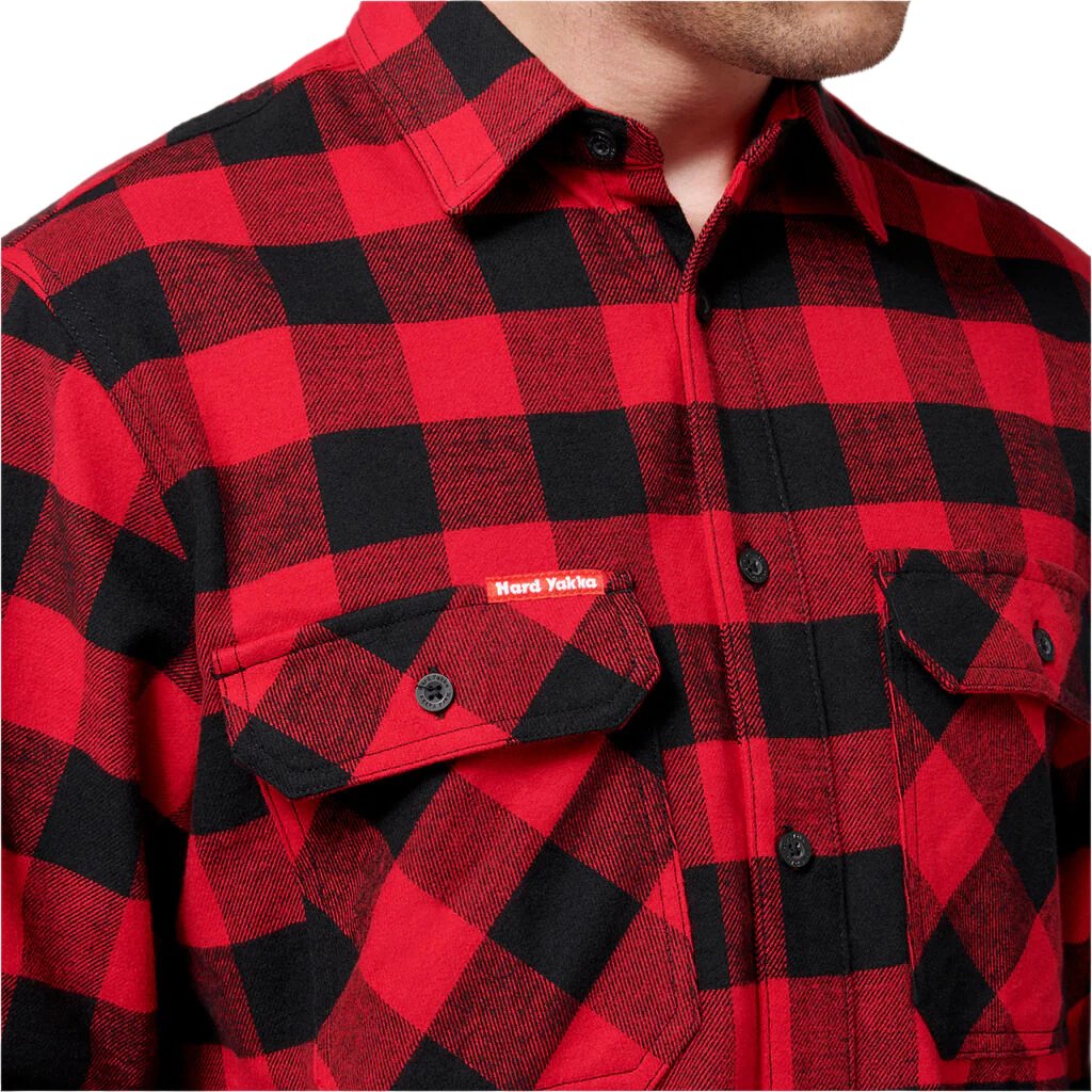 Close up of Hard Yakka Long Sleeve Check Flannelette Shirt in Red