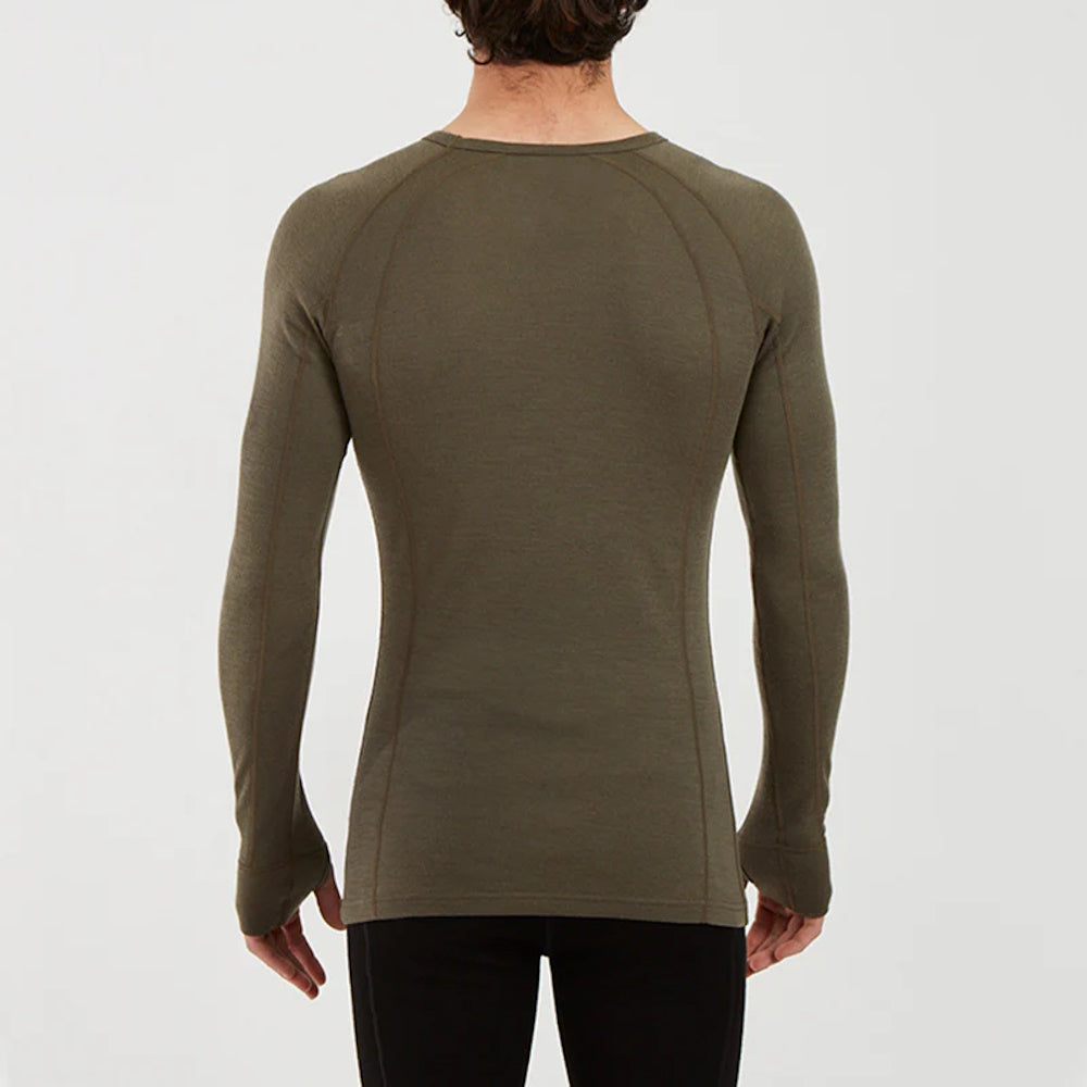 Back of model wearing XTM Mens Merino Top in Kalamata