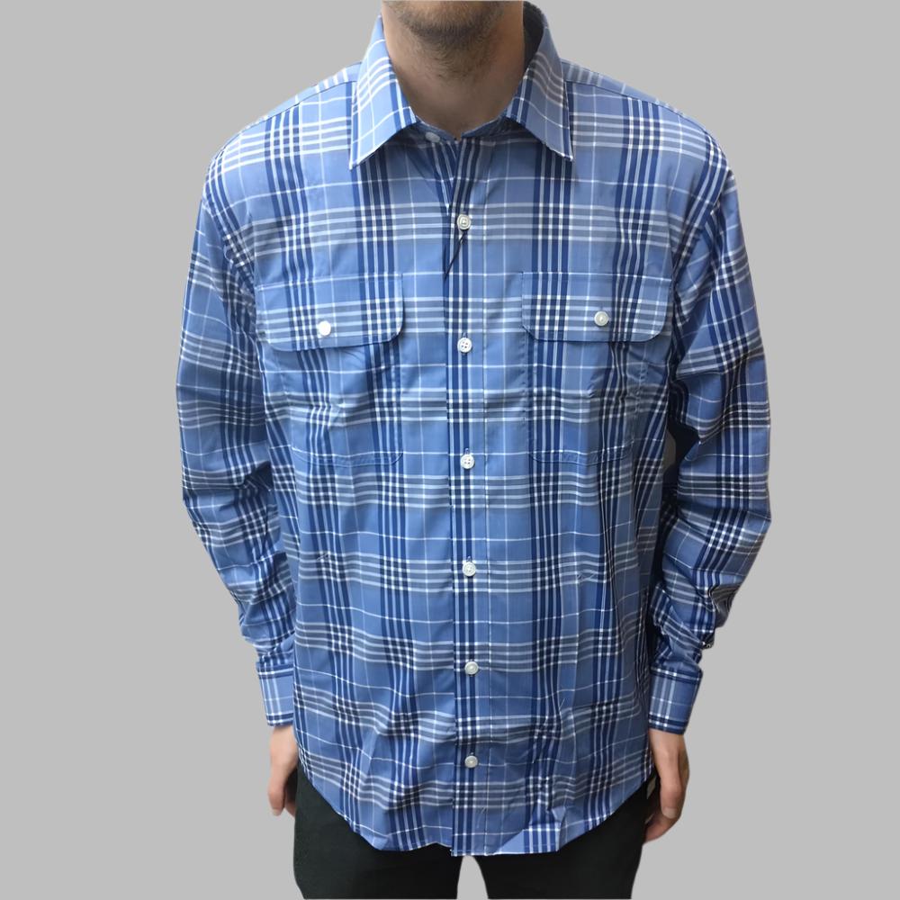 Model wearing Milton Men's Long Sleeve Shirt in Blue check