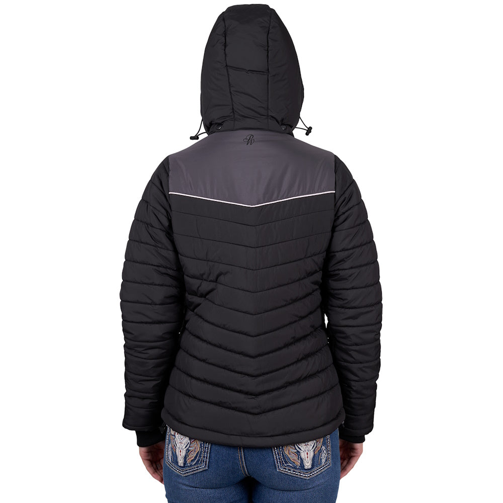 Back of Pure Western Women's Sierra Jacket with hood up