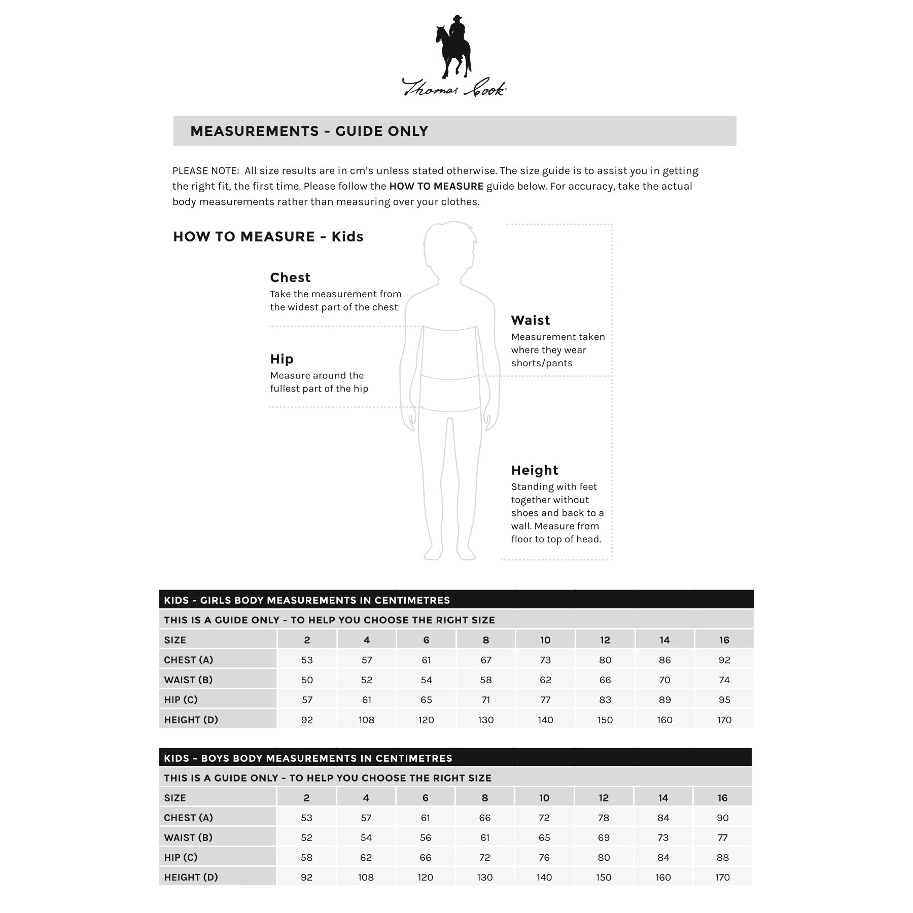 Thomas Cook Kids Clothing Size Chart