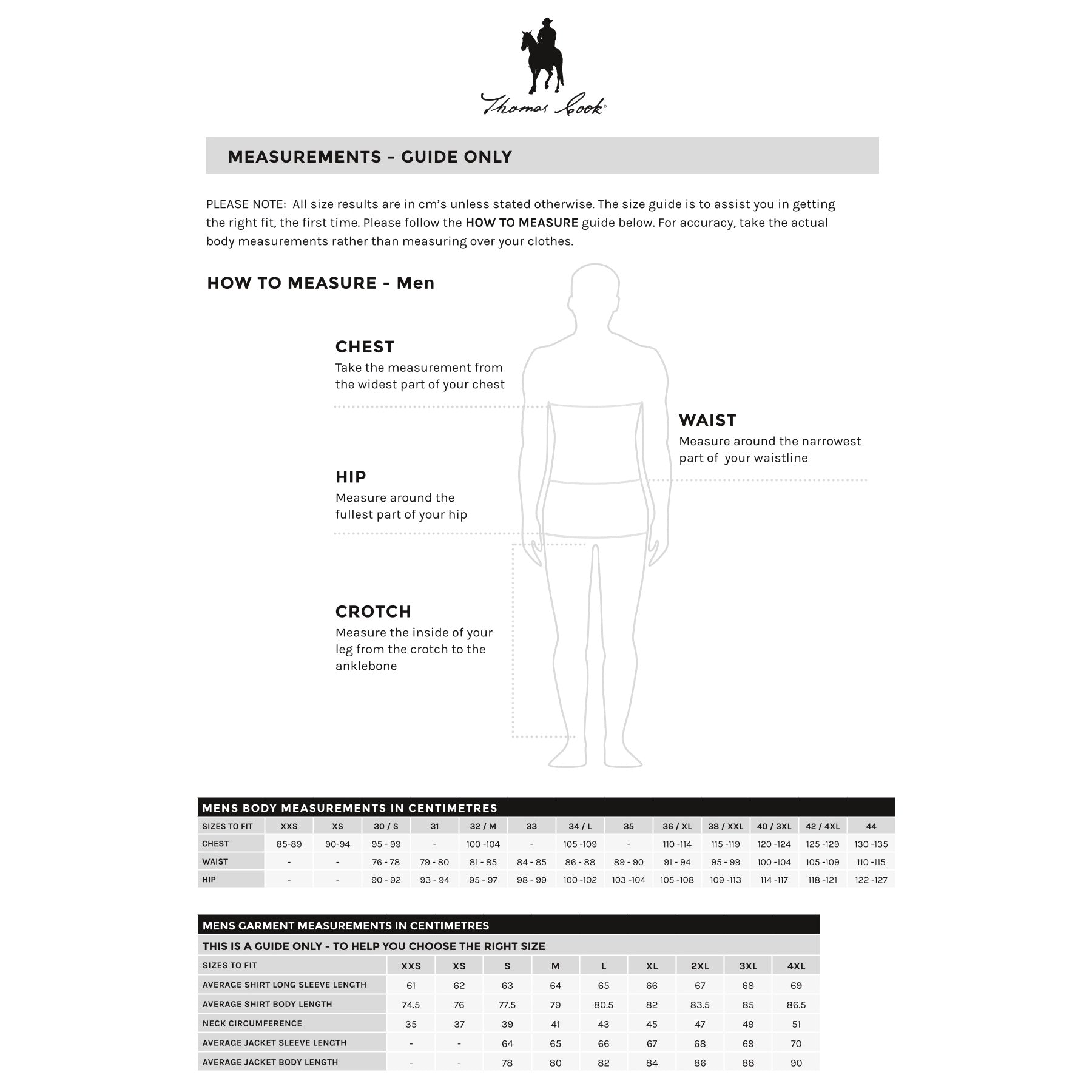 Thomas Cook Men's Size Guide Chart