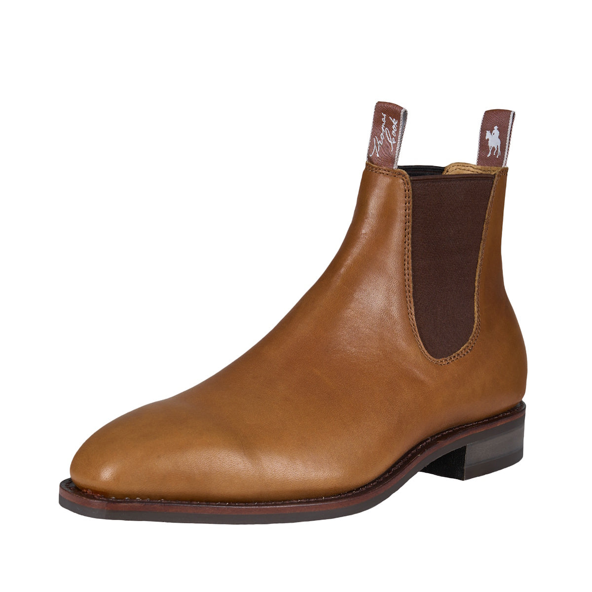 Brown leather boot with brand logo on a white background