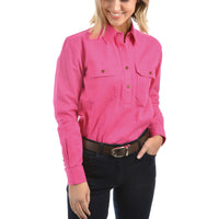 Front of Thomas Cook Womens Contrast Light Half Button Long Sleeve Shirt in Azalea Pink