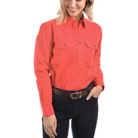 Front of Thomas Cook Womens Contrast Light Half Button Long Sleeve Shirt in Calypso Coral