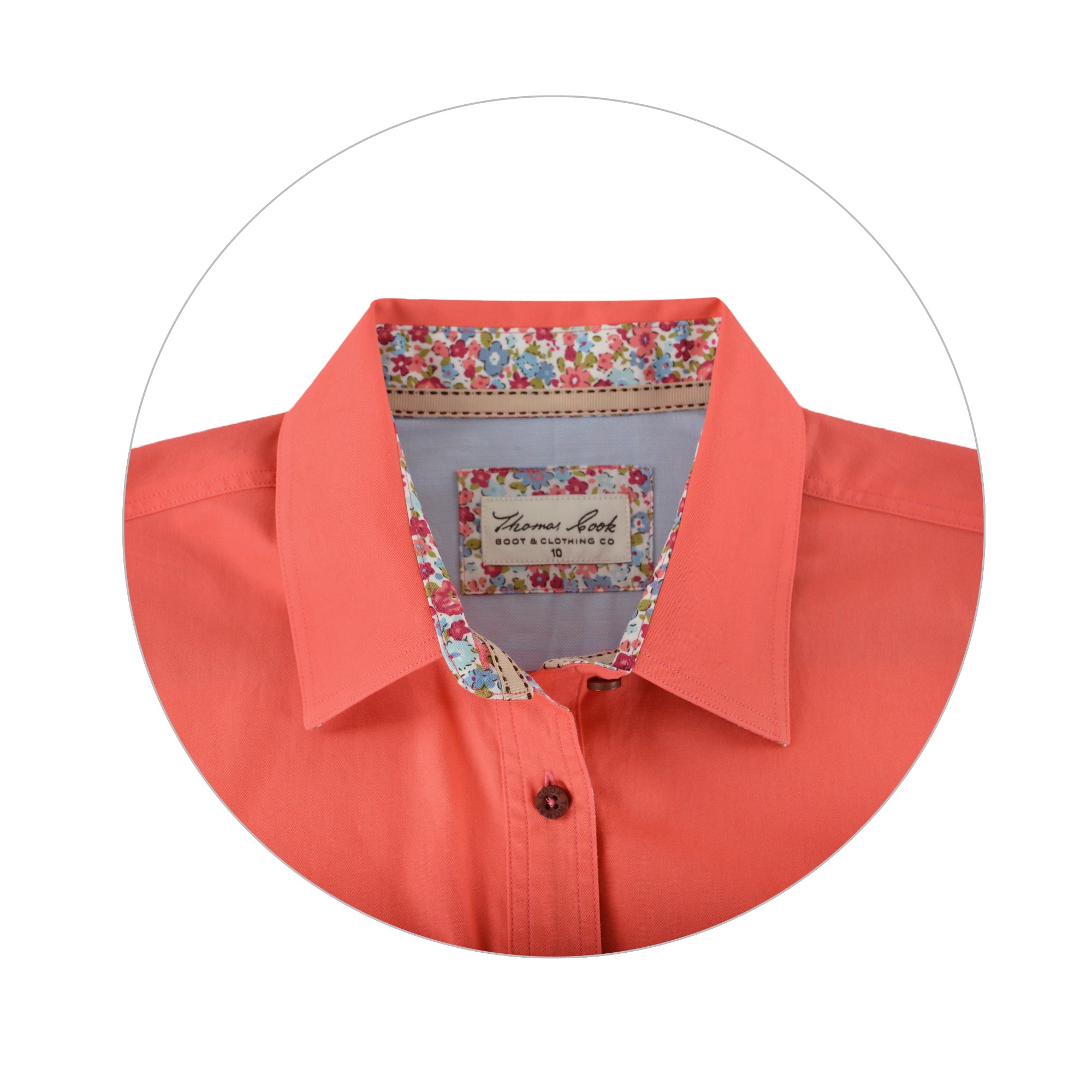 Close up of collar on coral Thomas Cook Womens Contrast Light Half Button Long Sleeve Shirt