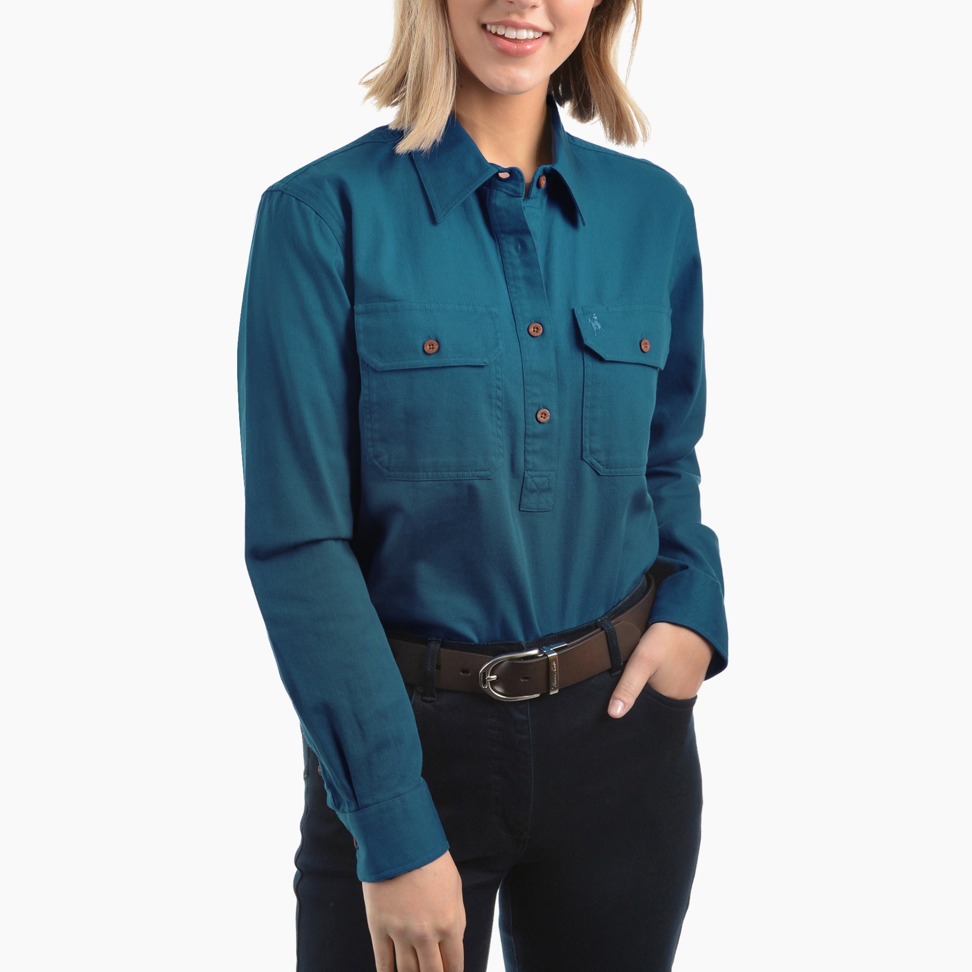 Front of Teal Thomas Cook Womens Contrast Light Half Button Long Sleeve Shirt