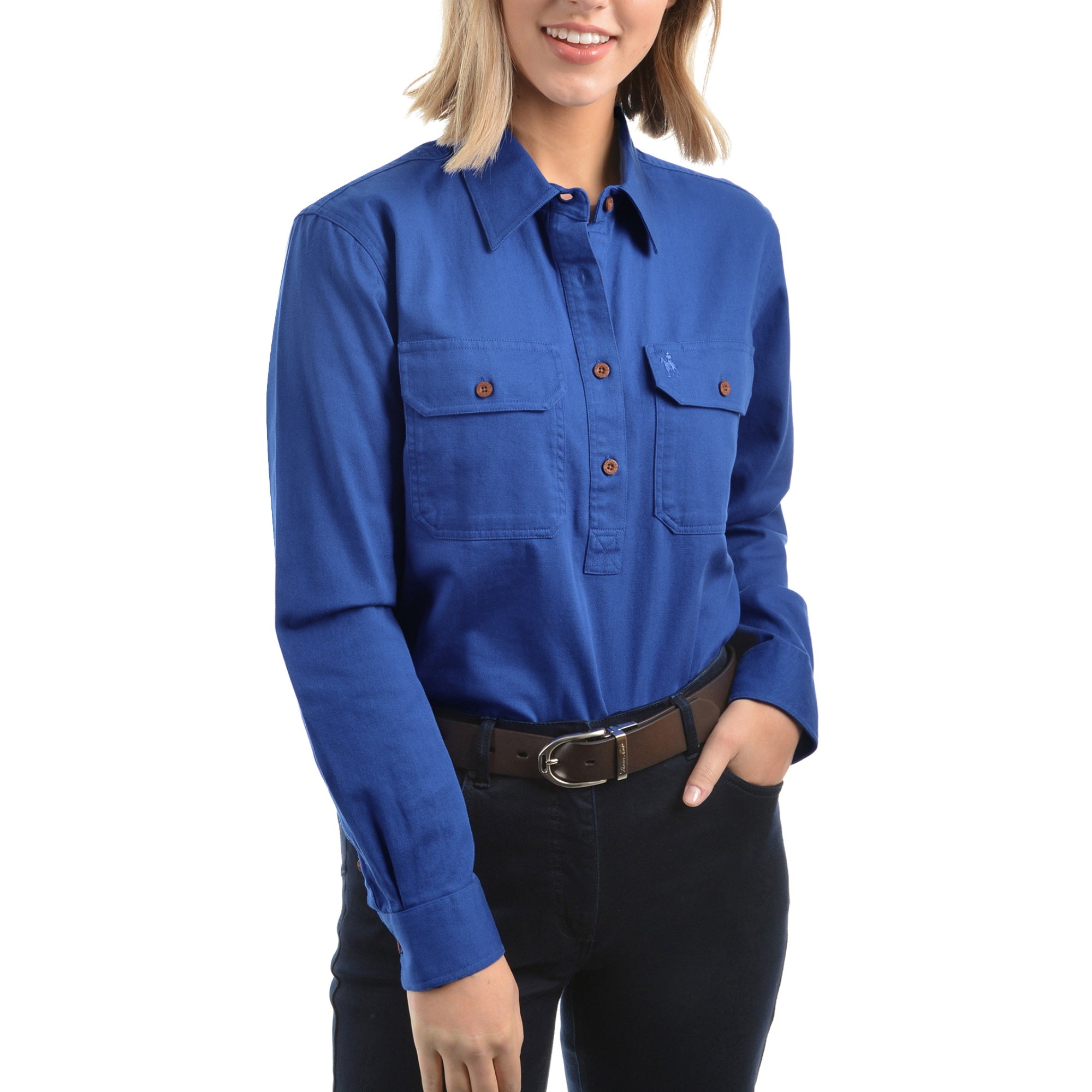 Front of Dutch Blue Thomas Cook Womens Contrast Light Half Button Long Sleeve Shirt