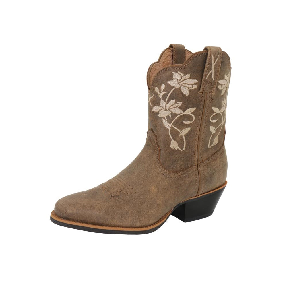 A brown Twisted X women's 9 inch western boot with floral embroidery on the vamp.