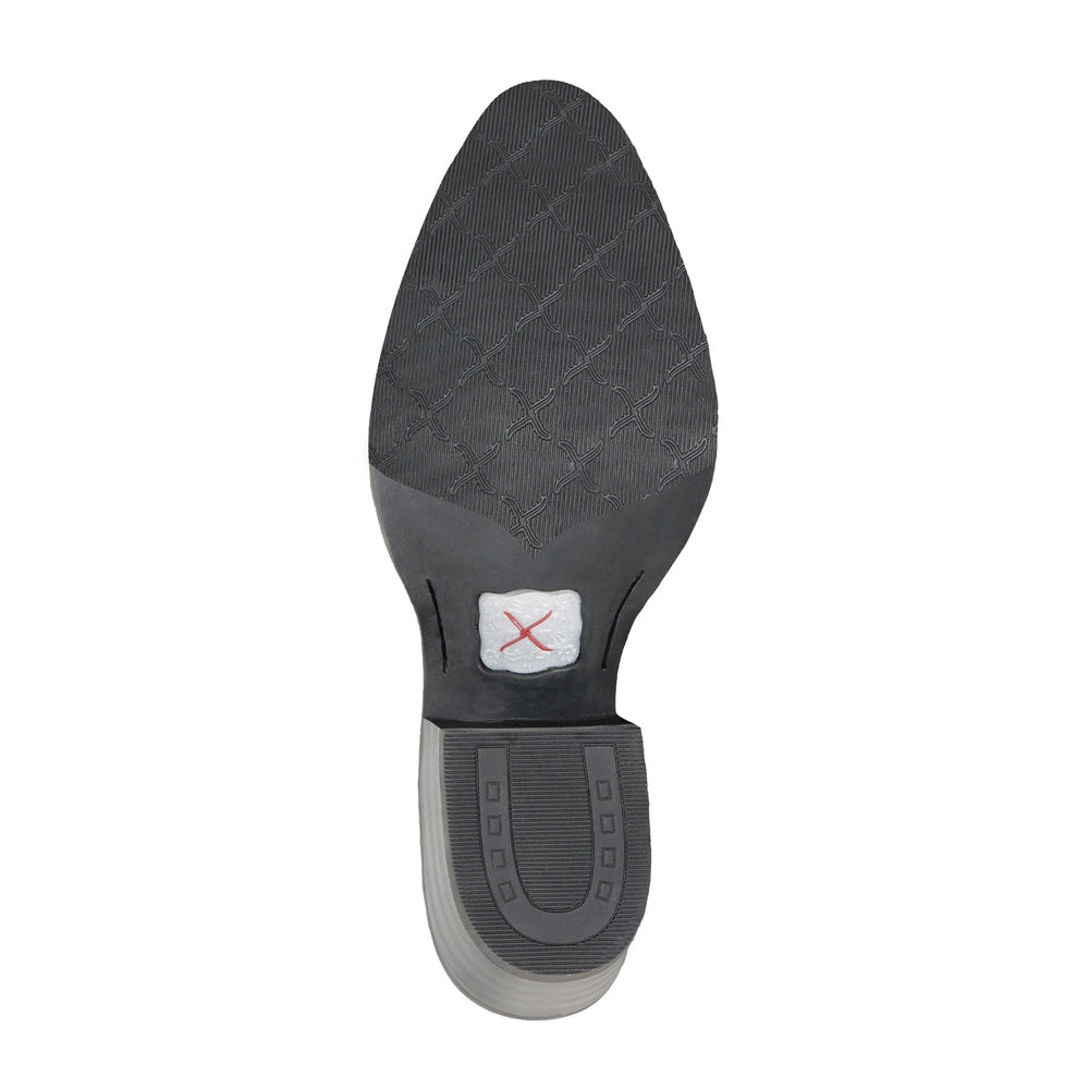 The sole of a women's 12 inch western boot with a Twisted X logo