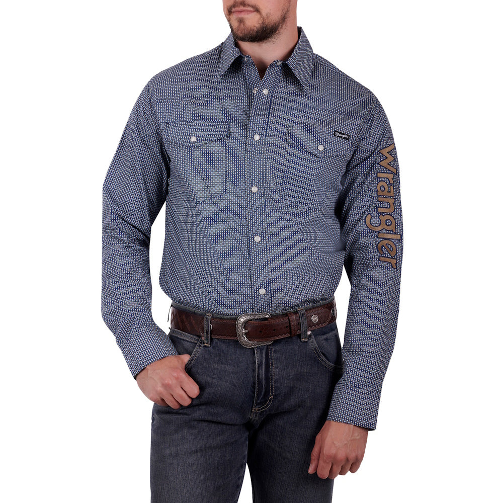 Front of Wrangler® Mens James Print Logo Western Long Sleeve Shirt