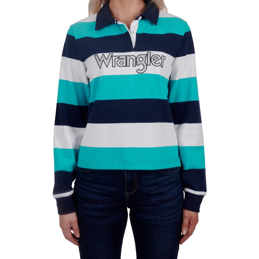 Front of Wrangler® Womens Briana Fashion Rugby in Navy/Aqua