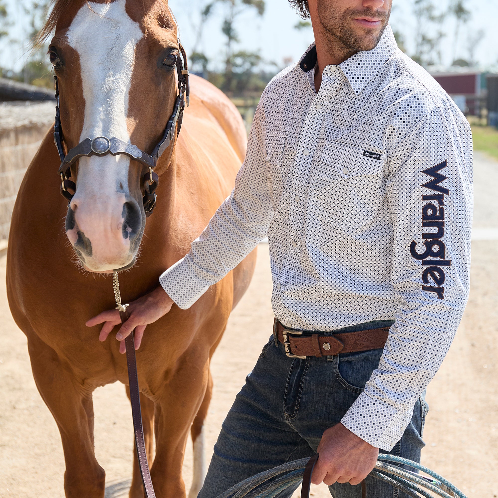 Wrangler® Mens Brent Print Logo Western Long Sleeve Shirt