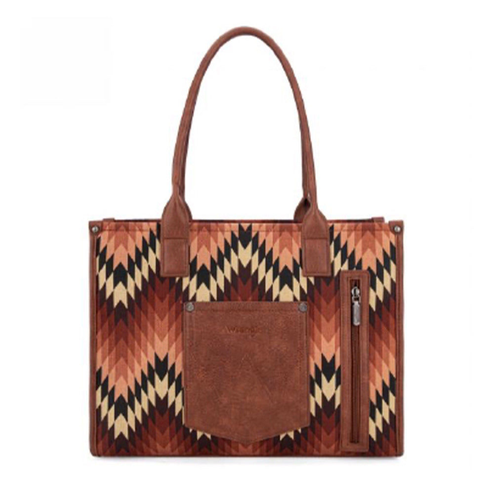 Tote bag with brown handle and geometric pattern on a white background