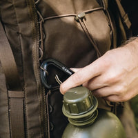 Alton Goods Ultralight Aluminium Carabiner being clipped onto backpack