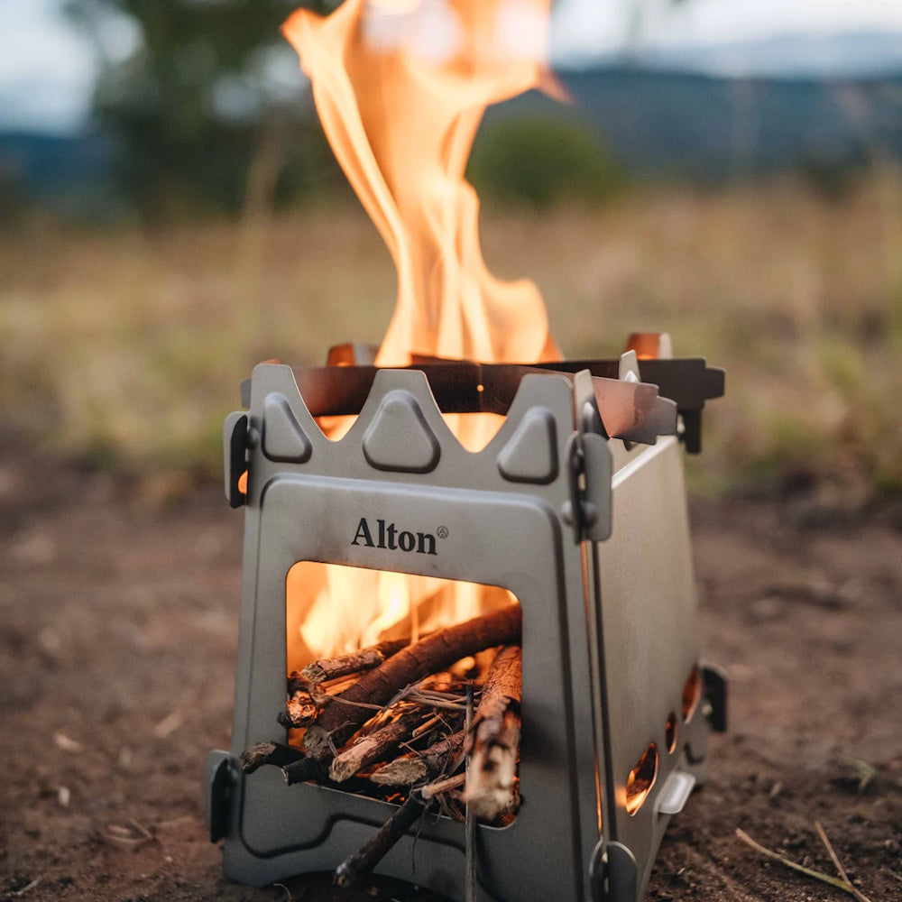 Close up of fire in Alton Goods Titanium Flatpack Twig Stove