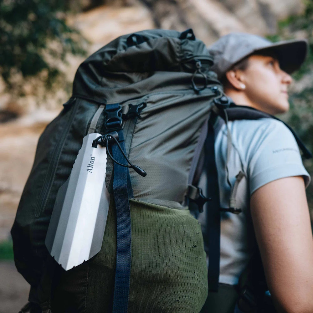 Alton Goods Titanium Trowel on backpack