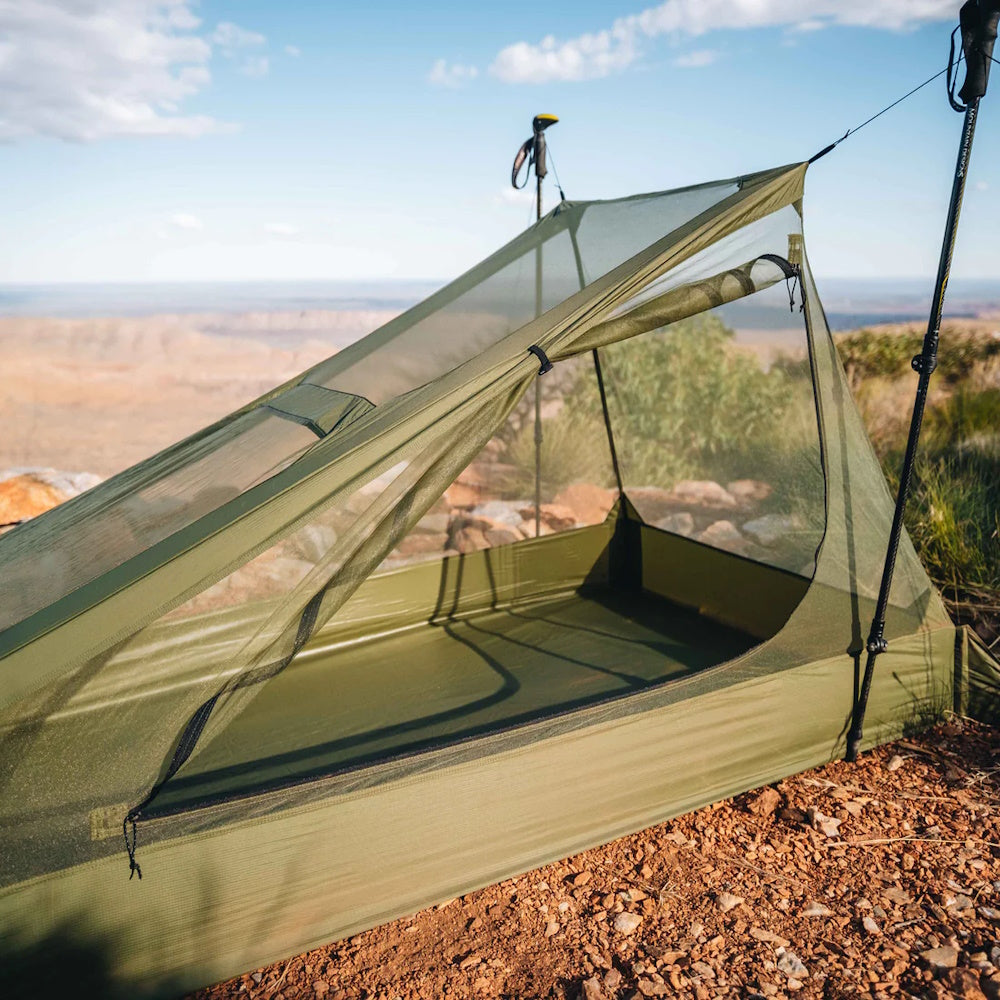 Door rolled up on Alton Goods Ultralight Bug Net Tent