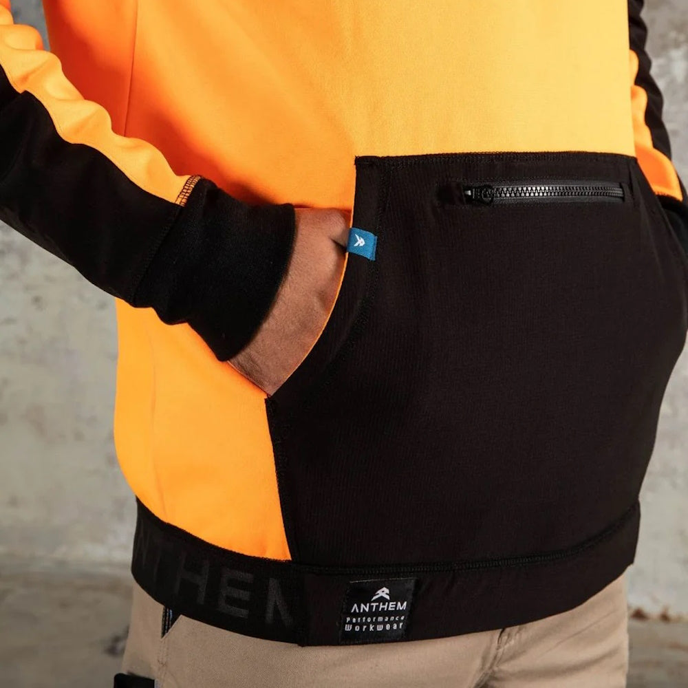 Kangaroo pouch of Anthem Mens Tech Hi Vis Hoodie in Orange