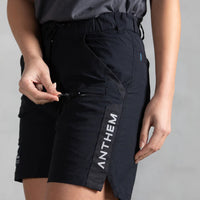 Front pocket being unzipped on Anthem Womens Triumph Shorts in Black