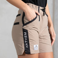 Close up of side on Anthem Womens Triumph Shorts in Khaki