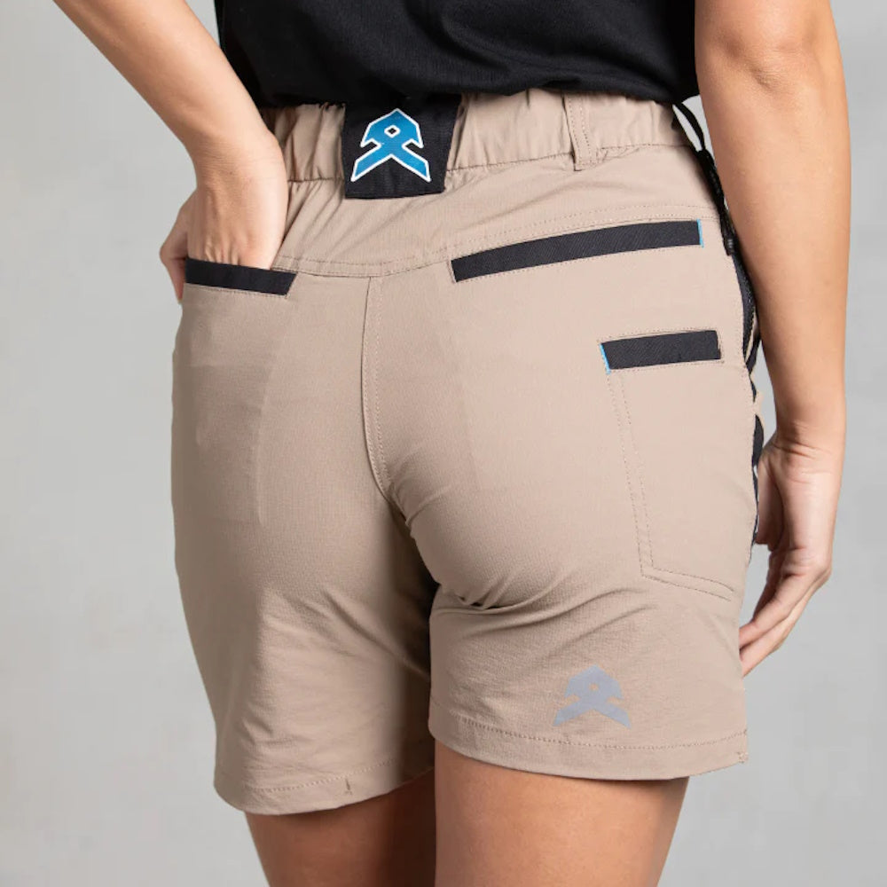 Close up of back on Anthem Womens Triumph Shorts in Khaki