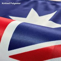 Close-up of a knitted polyester fabric with red, white, and blue colors.