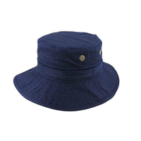 Navy blue cotton bucket hat with a brim and a button detail in the front.