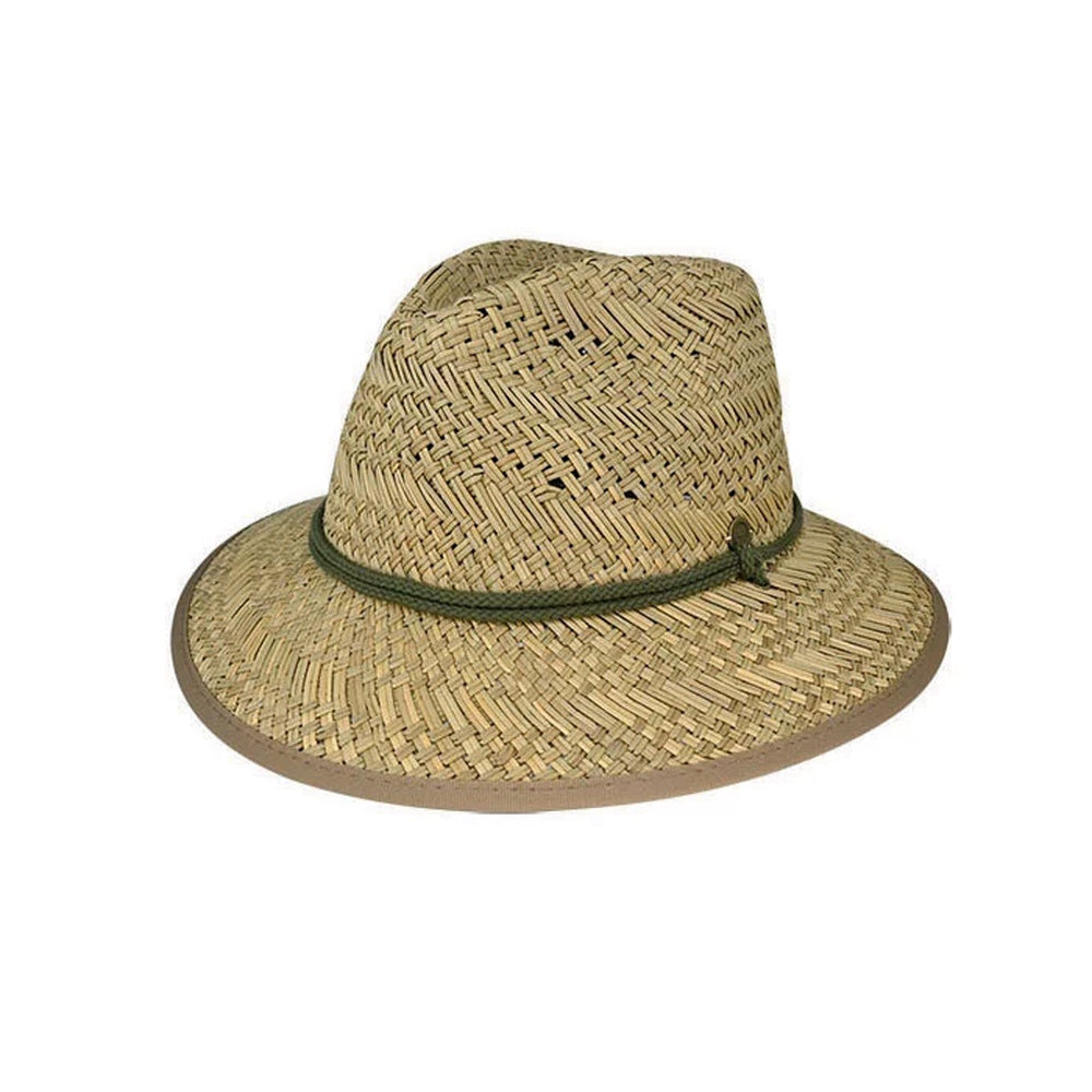 A wide-brimmed straw hat with a palm print and a green rush straw band, featuring a chin tie and a toggle for a comfortable fit.