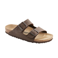 A pair of mocca brown Birkenstock Arizona BirkiBuc sandals with two adjustable straps and a suede leather lining.