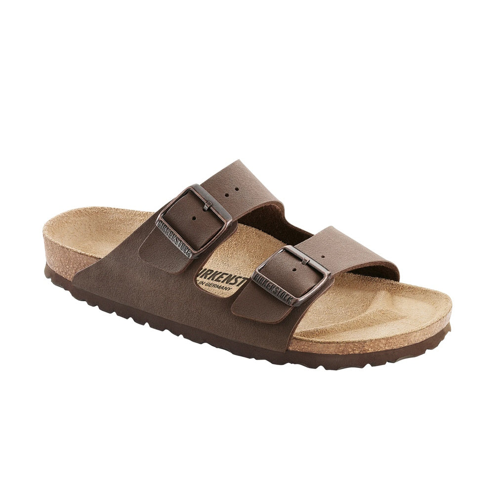 A pair of mocca brown Birkenstock Arizona BirkiBuc sandals with two adjustable straps and a suede leather lining.