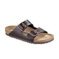 A brown Birkenstock Arizona smooth leather sandal with two straps and a buckle closure.