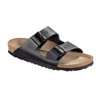 A black Birkenstock Arizona smooth leather sandal with two adjustable straps and a buckle closure.