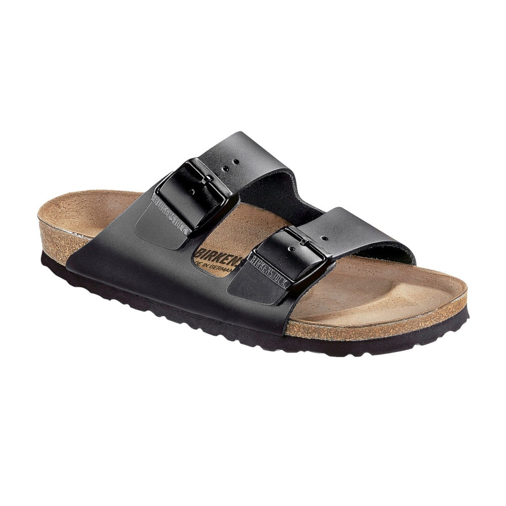 A black Birkenstock Arizona smooth leather sandal with two adjustable straps and a buckle closure.