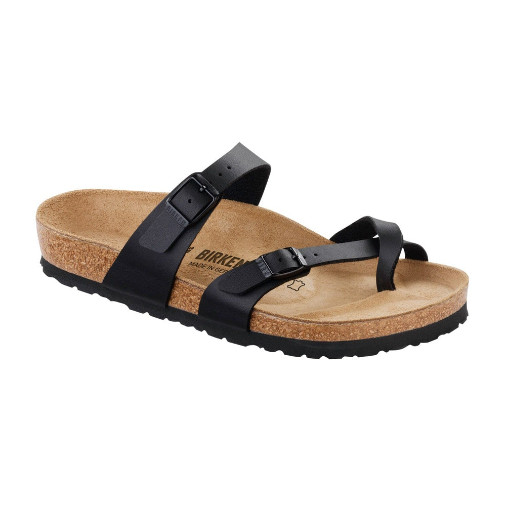 A black Birkenstock Mayari Birko-Flor thong sandal with cross-strap and toe loop.