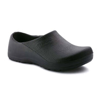 A black Birkenstock Profi Birki clog with a flat, wide sole and a low heel.
