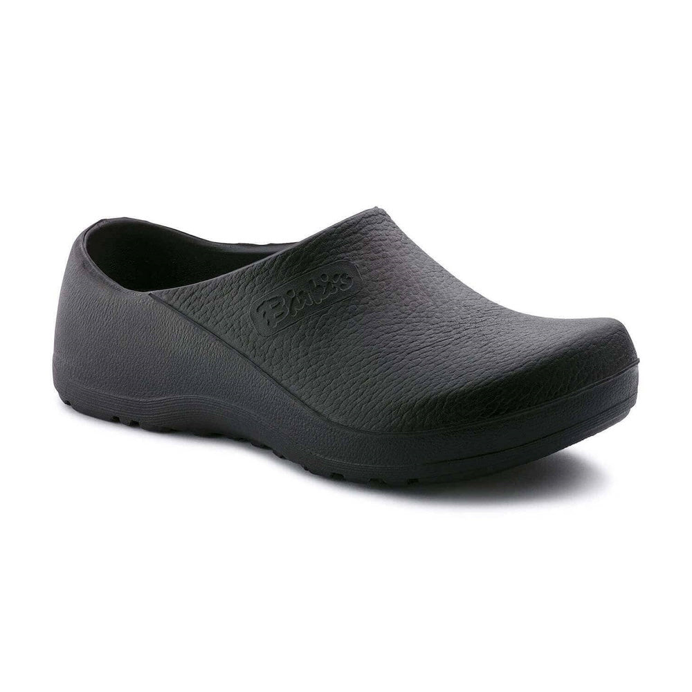 A black Birkenstock Profi Birki clog with a flat, wide sole and a low heel.