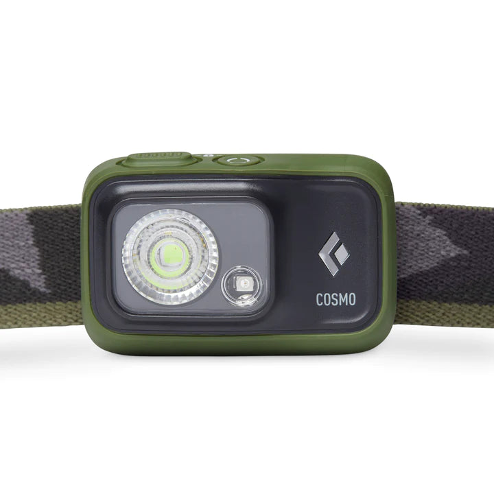 Close up of Black Diamond Cosmo 350 Lumen Headlamp in Dark Olive