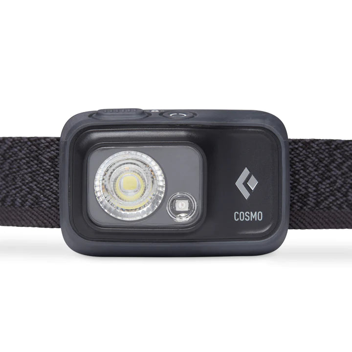 Close up of Black Diamond Cosmo 350 Lumen Headlamp in Graphite