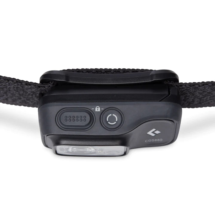 Top down view of Black Diamond Cosmo 350 Lumen Headlamp in Graphite