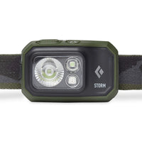 Close up of Black Diamond Storm 450 Lumen Headlamp in Dark Olive